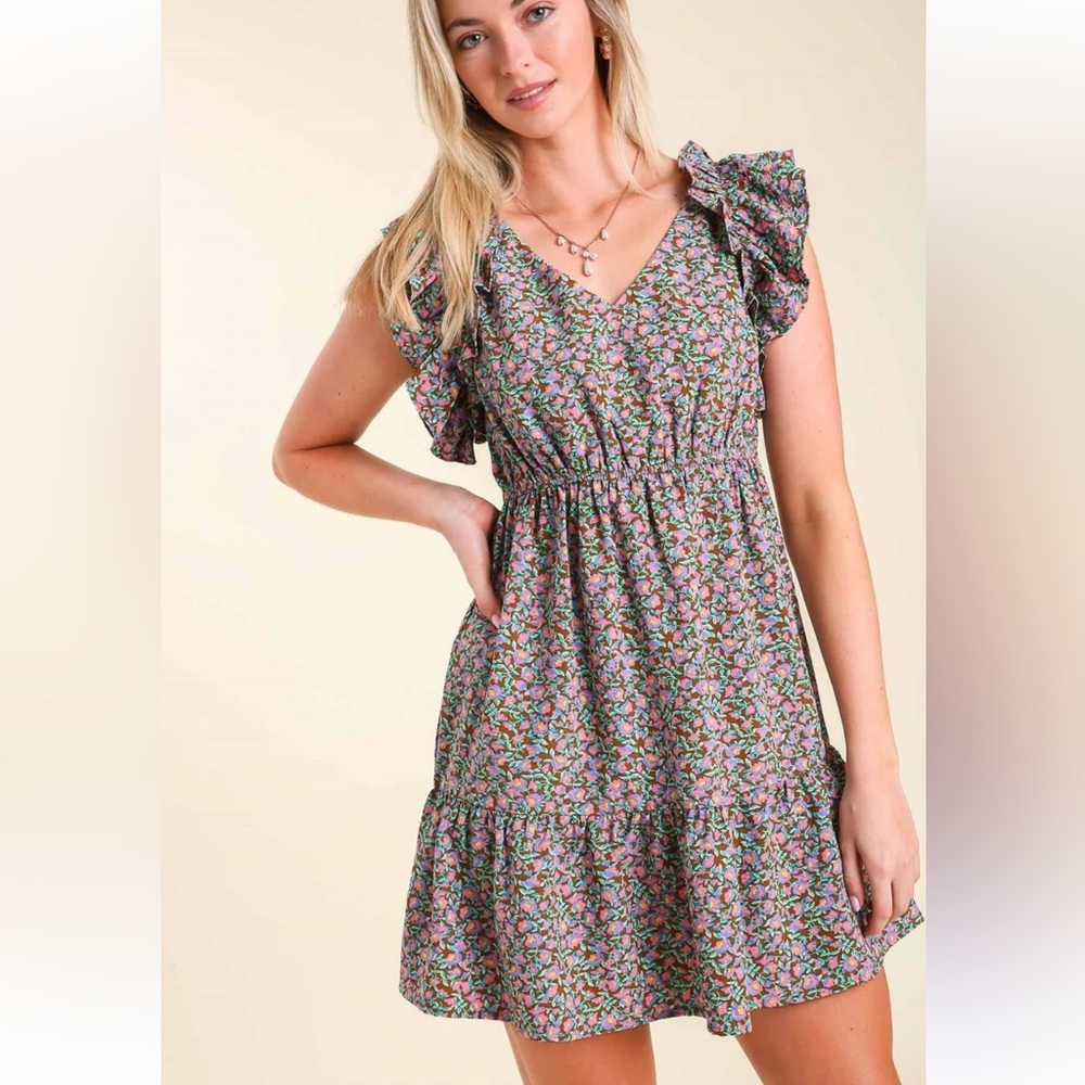 Umgee USA floral ruffle mini dress ditzy floral size medium A0847 Black Friday